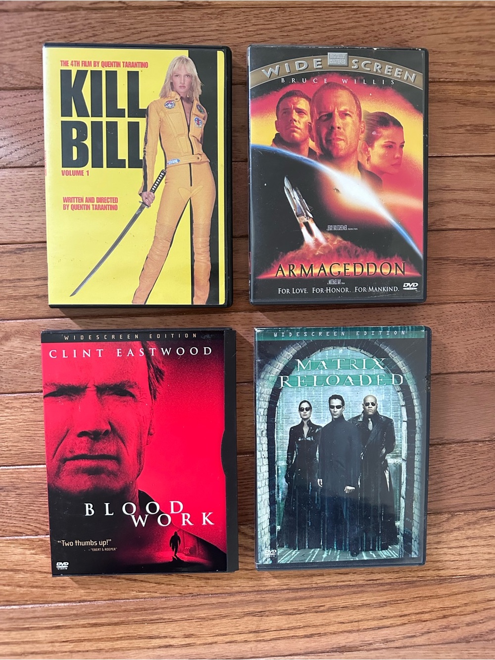 Lot of 4 DVDs: Kill Bill Vol.1, Armageddon, Blood Work, The Matrix Reloaded
